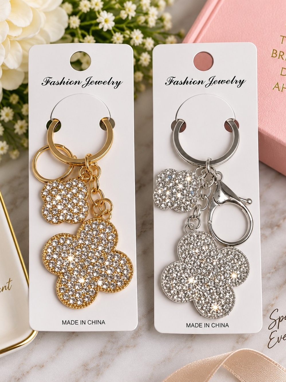Rhinestone Flower Purse Charm Keychain – Gold or Silver Tone
